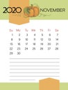 NOVEMBER 2020. Calendar template. Pumpkin vegetables. Page. Planner diary in a minimalist style. Royalty Free Stock Photo
