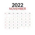 November 2022 calendar and week starts on sunday Royalty Free Stock Photo