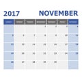 2017 November calendar week starts on Sunday Royalty Free Stock Photo
