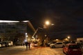 november 6, 2022. Cangas, pontevedra, spain. Workers install the Christmas lights in front of the town hall. Royalty Free Stock Photo