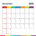 November 2020 colorful wall calendar, week starts on Sunday