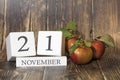 November 21. Day 21 of month. Calendar cube on wooden background with red apples, concept of business and an important event.