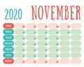 November 2020 diary. Calendar. Cute trend design. New year planner. English calender. Green and red color vector template.