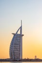 Dubai, United Arab Emirates; Burj Al Arab - the 7 star hotel during the sunset. Royalty Free Stock Photo
