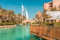 View of the chic seven star hotel Burj al Arab in the shape of a sail and the Royalty Free Stock Photo
