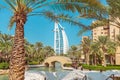 View of the chic seven star hotel Burj al Arab in the shape of a sail and the Royalty Free Stock Photo