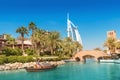 View of the chic seven star hotel Burj al Arab in the shape of a sail and the Royalty Free Stock Photo