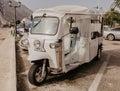 30 november 2018, electric tourist vehicle waiting for a passengers on Kotor Bay, Montenegro