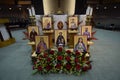 Decorated Church Altar on Solemnity of All Saints Day with icons floral candles