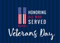 11 november Honoring all who served, Veterans day USA poster Royalty Free Stock Photo