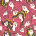 Seamless pattern with women with long hair and rainbows in LGBT style