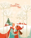 Enjoy Christmas time. Happy New year and a very Merry Christmas. Greeting postcard with couple in love