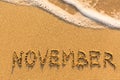 November - inscription on sand beach Royalty Free Stock Photo