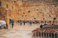 November 27, 2022 - Jerusalem, Israel. Tourist crowd and Jewish gather for Shacharit sunrise prayer at Old City Western Royalty Free Stock Photo