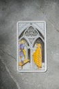 November 18, 2022 - Kyiv, Ukraine. Ryder`s Tarot - Waite. The Minor Arcana of the suit of pentacles. 3, III Royalty Free Stock Photo