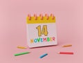 November 14, minimal calendar with color pencils on pastel background. childrens day Date in india. 3d rendering