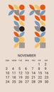 November month 2024 calendar template. Geometric planner design, desk calendar, wall calendar, minimal style. Simple