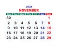 November 2026 monthly calendar layout, vector editable planner with clear date and weekday structure Royalty Free Stock Photo