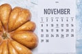 November 2020 monthly calendar on wood