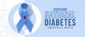 November is national diabetes awareness month - Blue ribbon with red drop of blood awareness sign on half white and soft blue