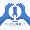 November is national diabetes awareness month - Blue ribbon with red drop of blood awareness sign in two blue hand make circle