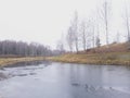 November nature, Russia, landscape on the shore of a water channel.