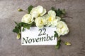 November 22nd. Day 22 of month, Calendar date. White roses border on pastel grey background with calendar date. Autumn month, day