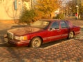 Kiev, Ukraine - November 6, 2018: Old red Lincoln car parked in the city