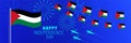 November 15 Palestine Independence Day greeting card. Celebration background with fireworks, flags, flagpole and text