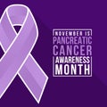 November Pancreatic Cancer Awareness Month - text in white frame and big purple pancreatic cancer awareness ribbon sign on dark Royalty Free Stock Photo