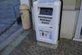 November 2020 Parma, Italy: Container for collecting of expired medicines in the city street close-up. Medicine recycling. Ecology