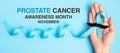 November Prostate Cancer Awareness month, adult Man holding light Blue Ribbon with mustache for supporting people living and