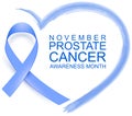 November prostate cancer awareness month blue ribbon heart shape symbol support campaign