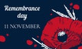 11 November Remembrance day design template with poppy flower and title. Hand drawn vector illustration Royalty Free Stock Photo