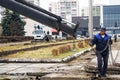 November 6, 2020, Russia, Magnitogorsk. Dismantling and loading of old concrete slabs in the city square. Improvement