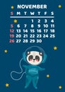 November. Space calendar planner 2023. Weekly scheduling, planets, space objects. Week starts on Sunday. Panda astronaut