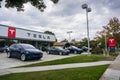 November 2, 2017 Sunnyvale/CA/USA - Tesla cars displayed in front of a showroom located in San Francisco bay area Royalty Free Stock Photo