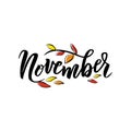 November text. Hand lettering typography with bright autumn leaves. Concept November advertising Royalty Free Stock Photo