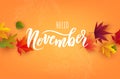 November text. Hand lettering typography with bright autumn leaves. Concept November advertising Royalty Free Stock Photo