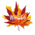 November text. Hand lettering typography with bright autumn leaves. Concept November advertising Royalty Free Stock Photo
