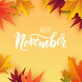 November text. Hand lettering typography with bright autumn leaves. Concept November advertising Royalty Free Stock Photo