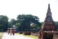 November 21th, 2018 - Ayutthaya THAILAND - Women with traditional dress visiting at thai temple ruins