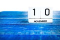 November 10th. Image of november 10th calendar on blue background. Veterans day.