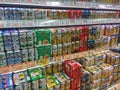 2018 November 5. Tokyo Japan. perspective view of a various of japanses beer band can stack shelf in super market