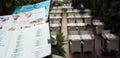 November 5, Turkey, Alanya. remote menu on the street against the background of restaurant tables located below