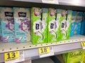 November 19, 2021, Ukraine, Kharkiv, supermarket: Feminine hygiene products in a shop. Assortment different brand menstrual