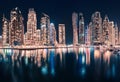 Night colorful view of the famous tourist attraction of the city of Dubai - Marina Royalty Free Stock Photo