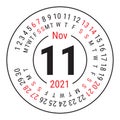 November 2021. Vector English ÃÂalendar. Round calender. Week starts on Sunday. Design template. Circle. Eleventh month