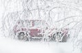 Red car behind tree branches covered with snow on winter day