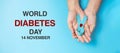 November World Diabetes day Awareness month, Woman holding light Blue Ribbon with blood drop for supporting people living,